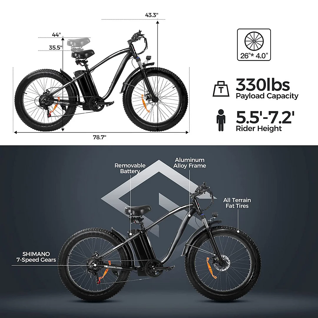 750W Electric Mountain Bike - 48V/15Ah Battery, Dual Disc Brakes, Shimano 7-Speed, Black