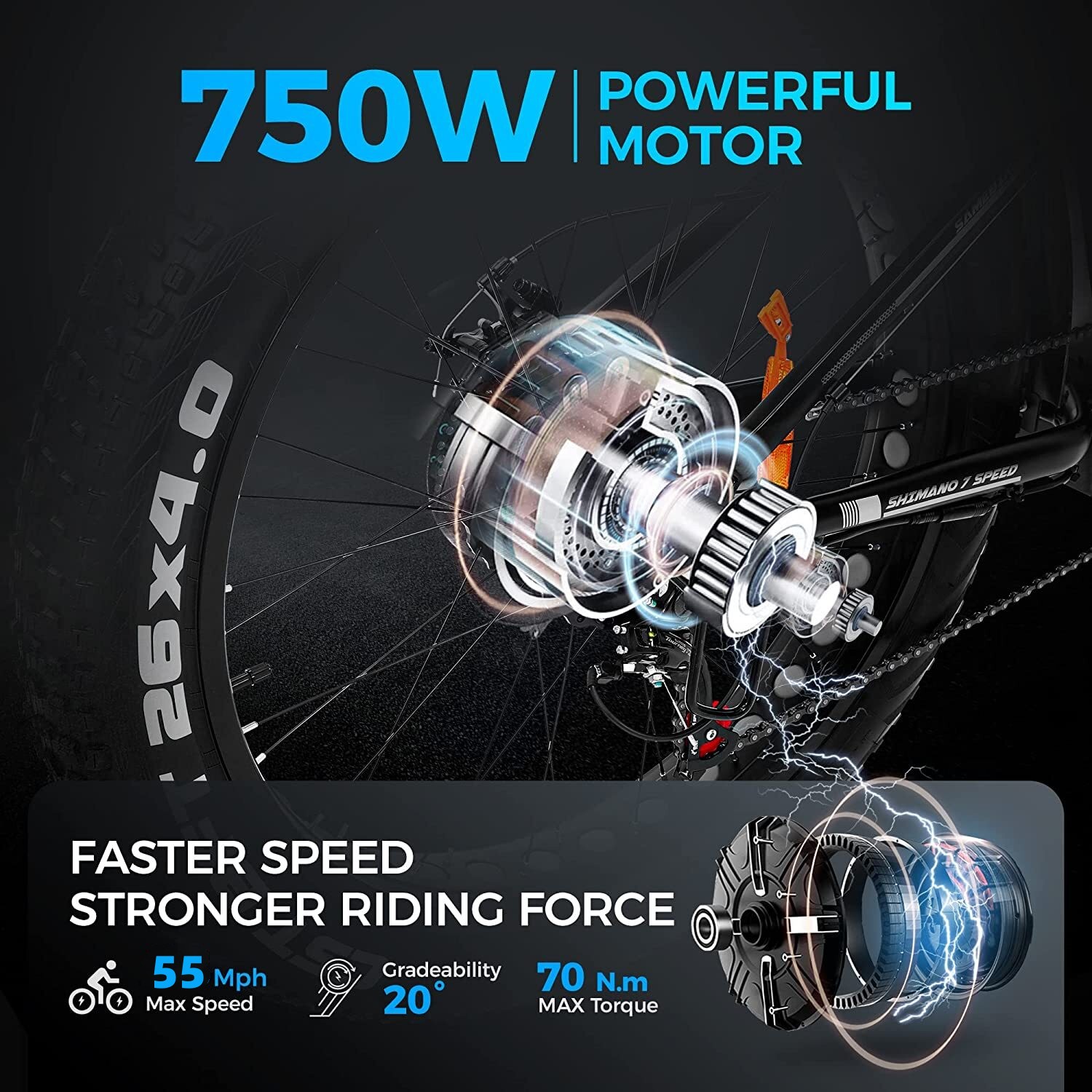 750W Electric Mountain Bike - 48V/15Ah Battery, Dual Disc Brakes, Shimano 7-Speed, Black