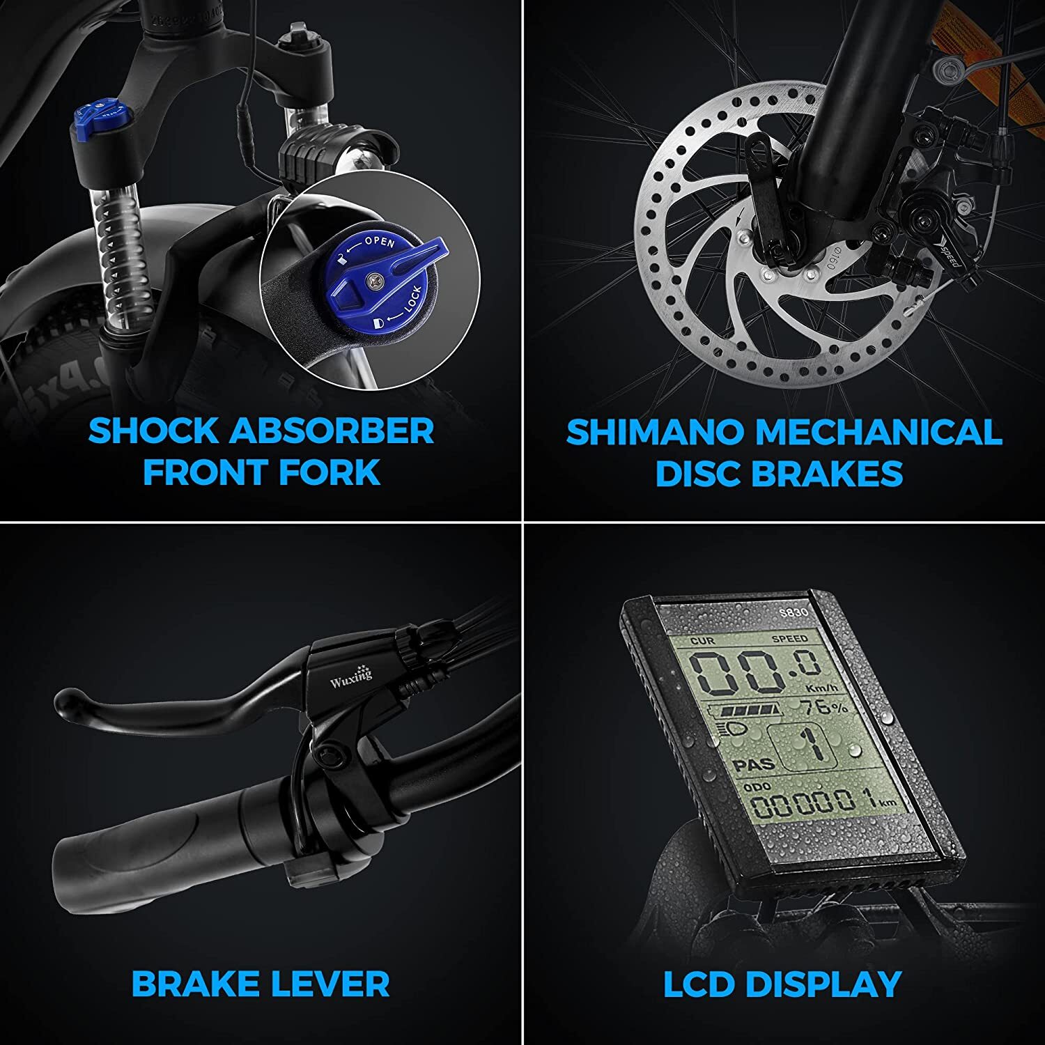 750W Electric Mountain Bike - 48V/15Ah Battery, Dual Disc Brakes, Shimano 7-Speed, Black