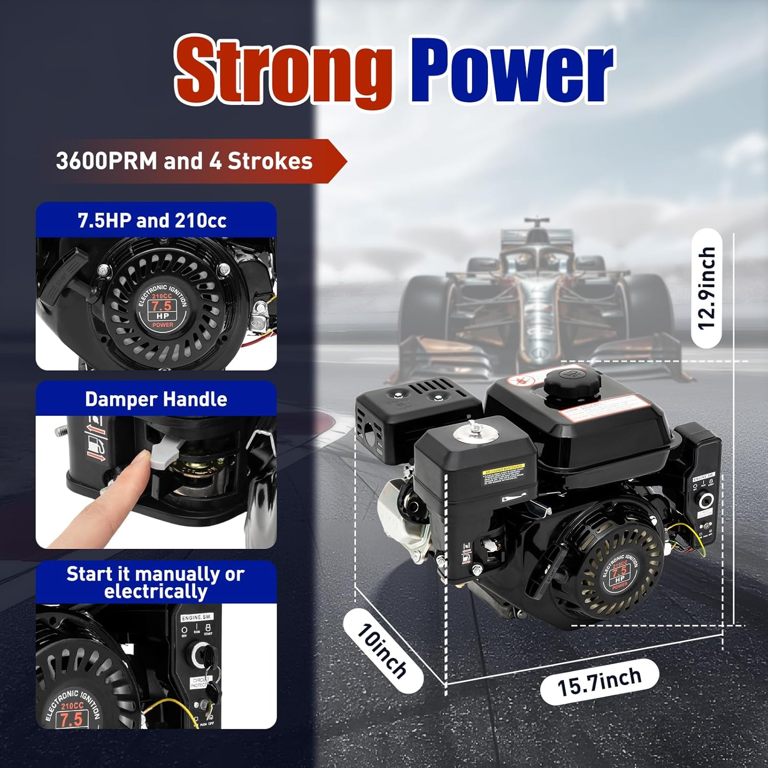 7.5HP 212CC Go Kart Engine Motor - 4-Stroke OHV Gasoline, Electric Start, Side Shaft, Black