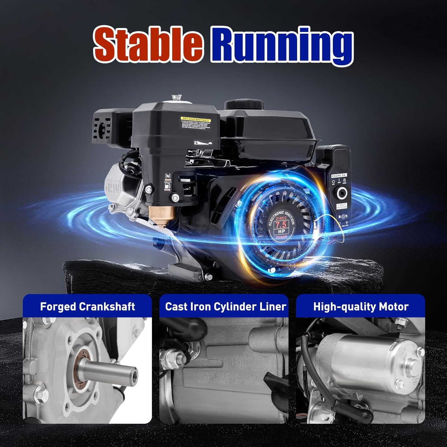 7.5HP 212CC Go Kart Engine Motor - 4-Stroke OHV Gasoline, Electric Start, Side Shaft, Black