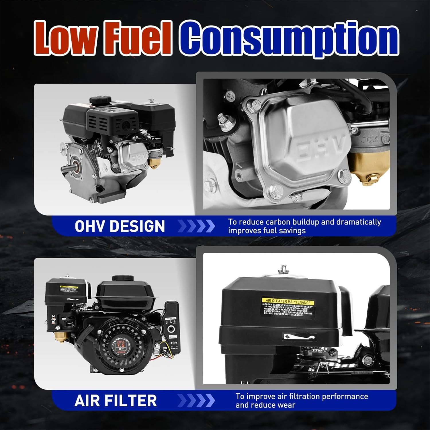7.5HP 212CC Go Kart Engine Motor - 4-Stroke OHV Gasoline, Electric Start, Side Shaft, Black