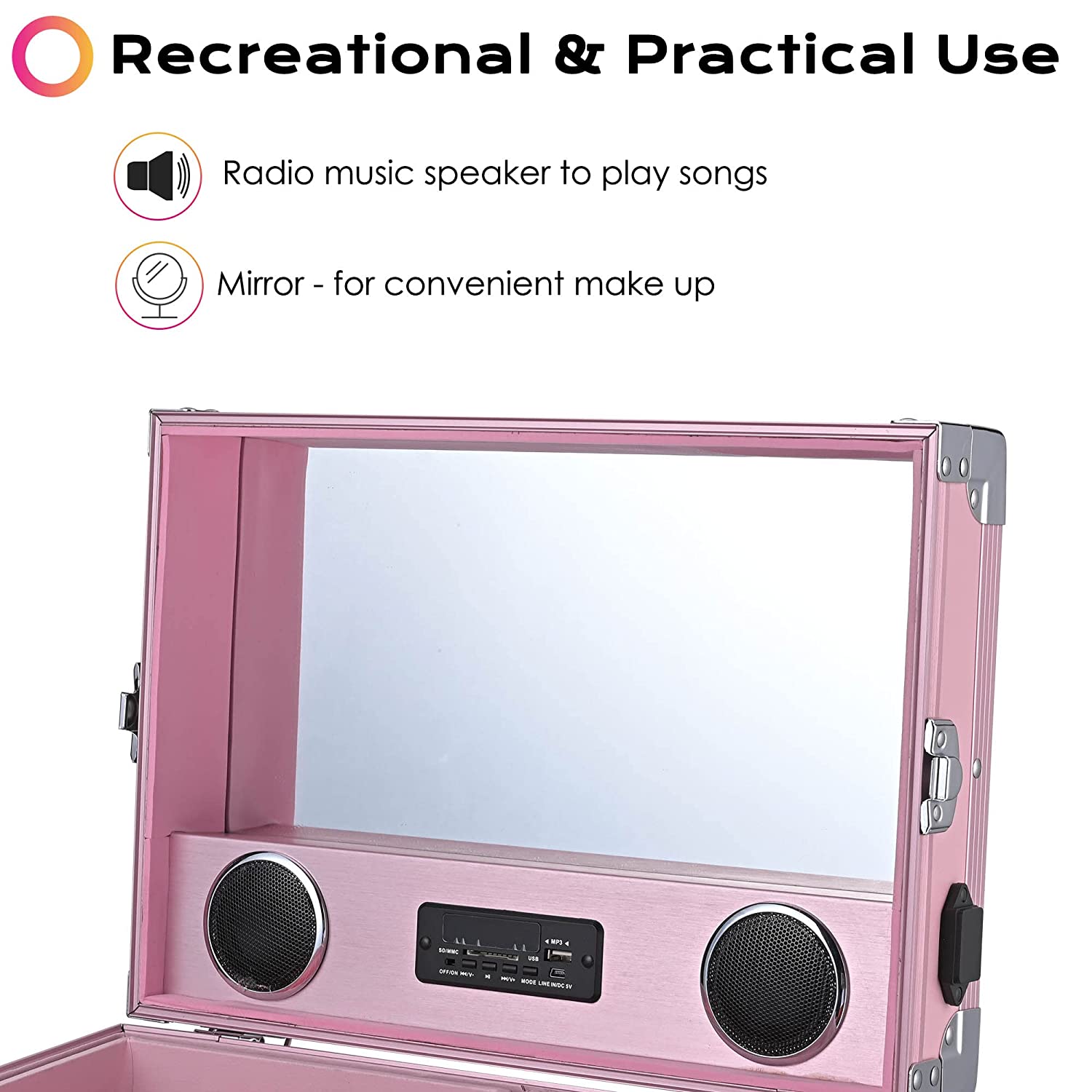 Byootique Portable Pink Rolling Makeup Train Case with Mirror, 4 Drawers & Bluetooth Speaker