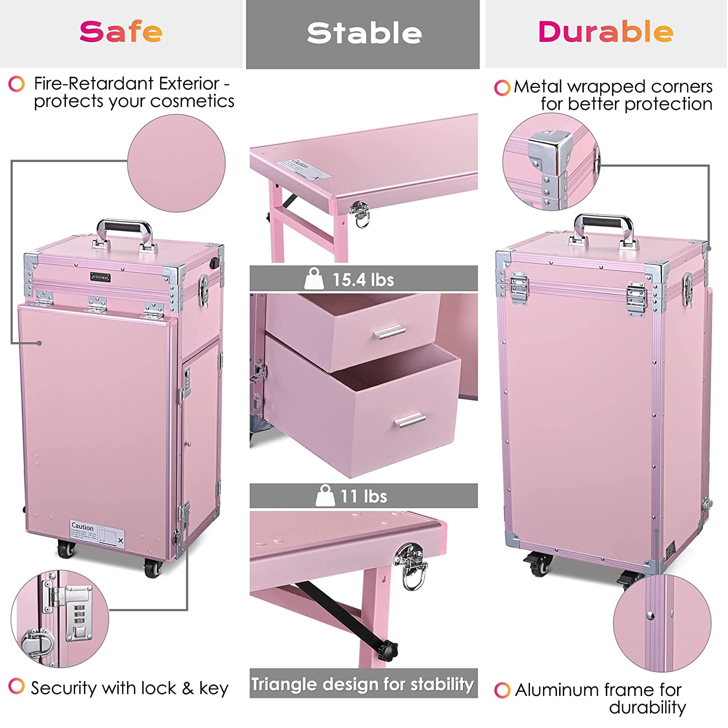 Byootique Portable Pink Rolling Makeup Train Case with Mirror, 4 Drawers & Bluetooth Speaker
