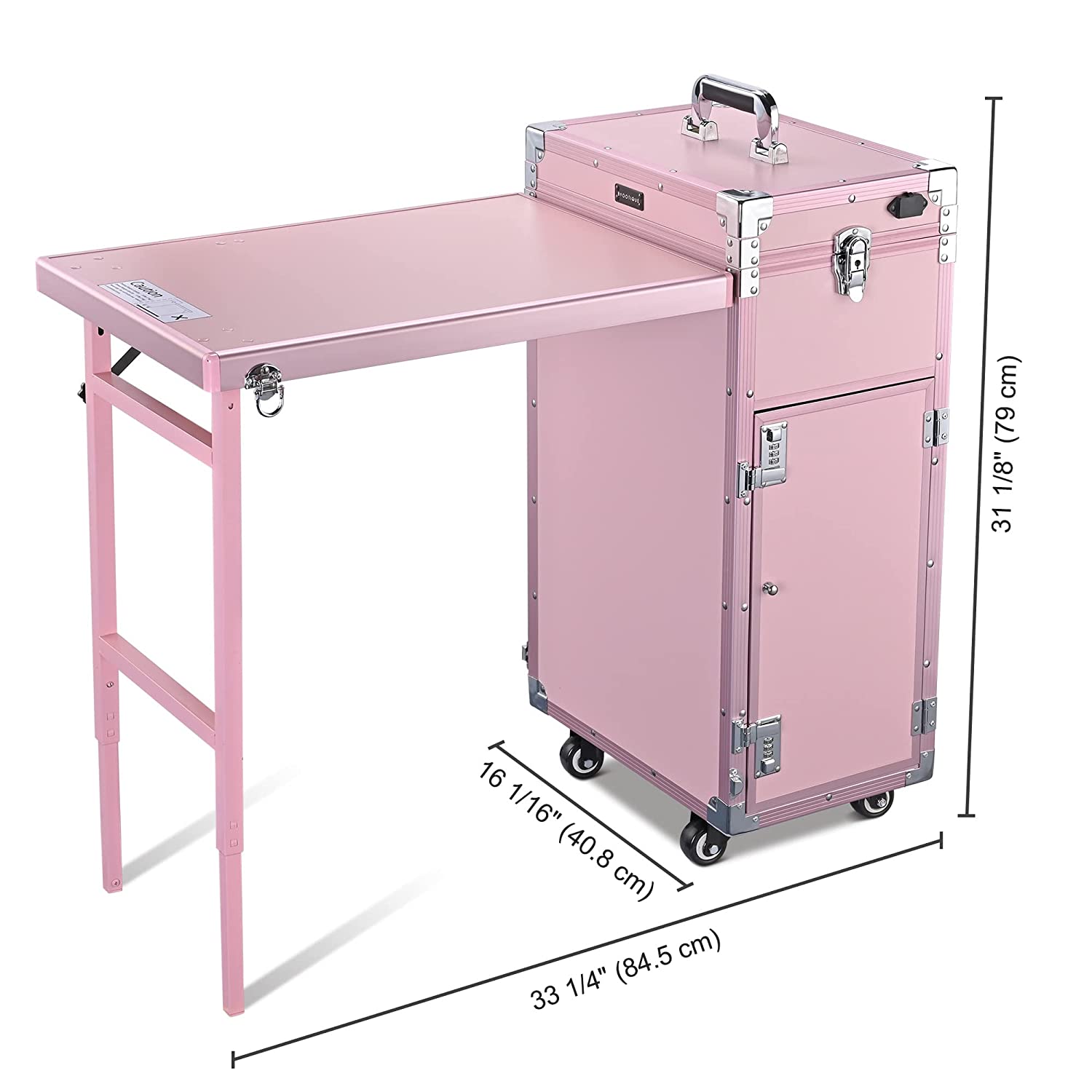 Byootique Portable Pink Rolling Makeup Train Case with Mirror, 4 Drawers & Bluetooth Speaker