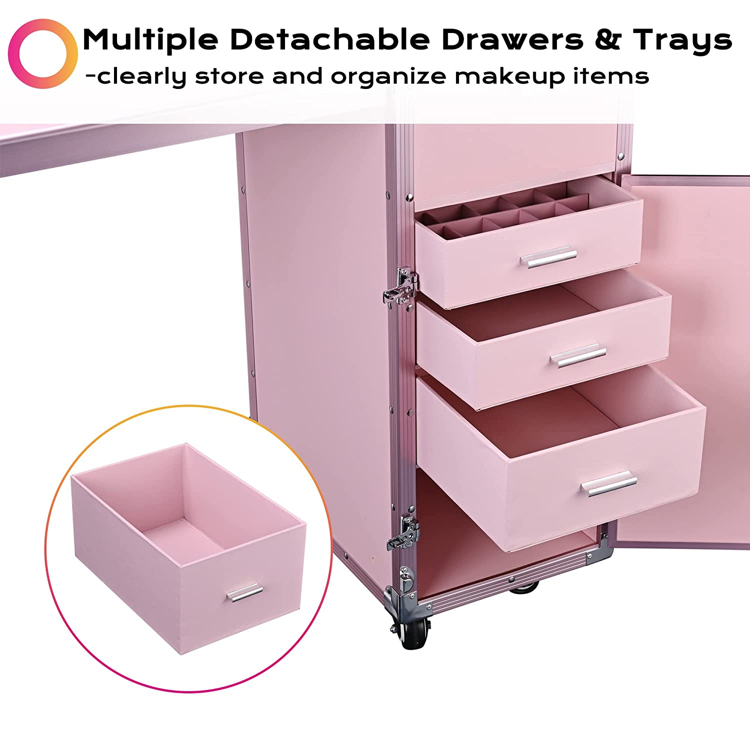 Byootique Portable Pink Rolling Makeup Train Case with Mirror, 4 Drawers & Bluetooth Speaker