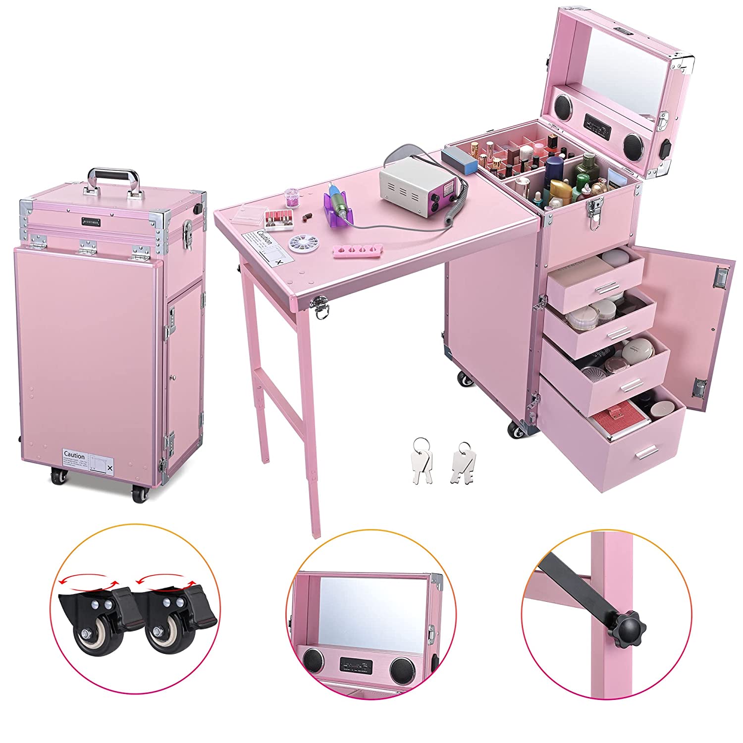 Byootique Portable Pink Rolling Makeup Train Case with Mirror, 4 Drawers & Bluetooth Speaker