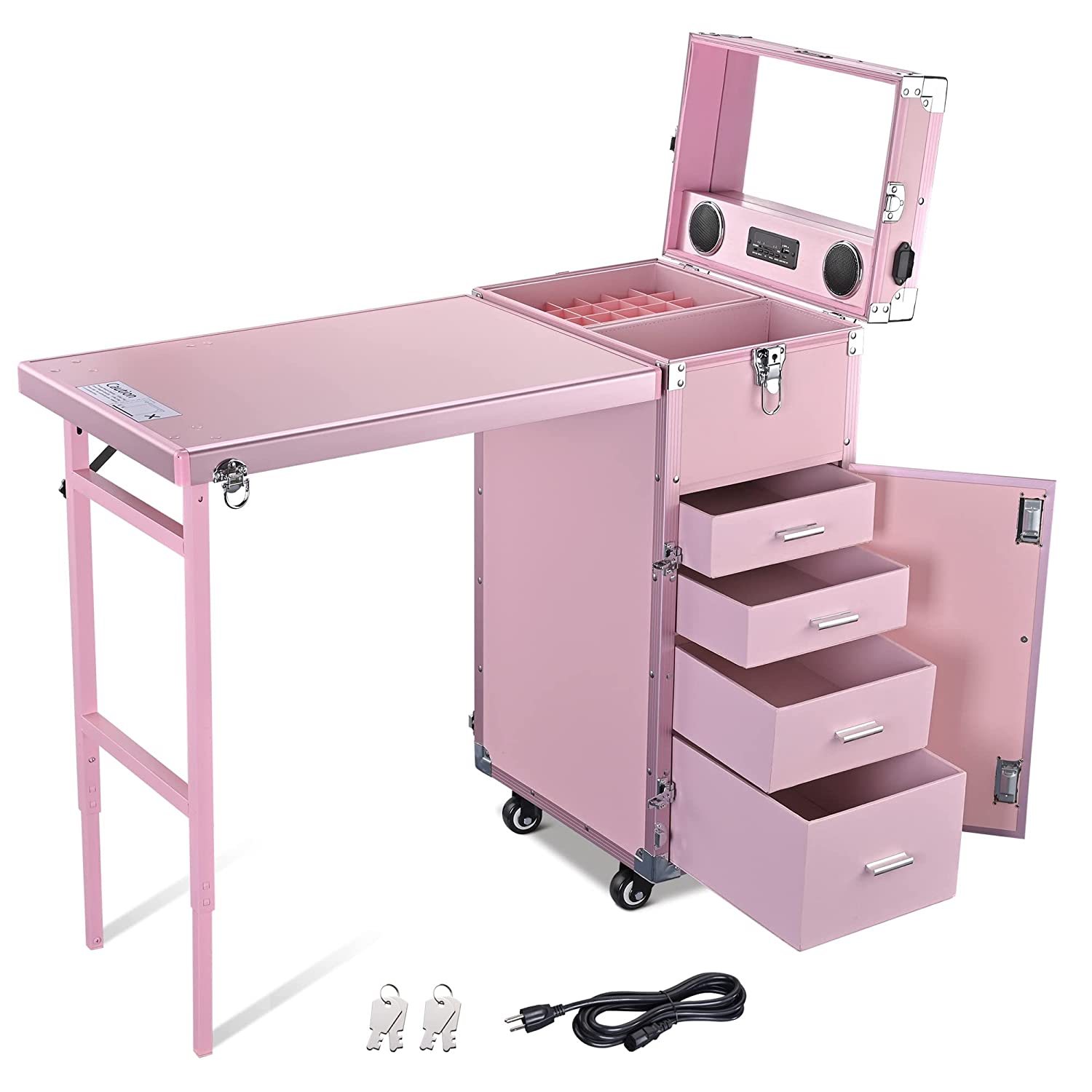 Byootique Portable Pink Rolling Makeup Train Case with Mirror, 4 Drawers & Bluetooth Speaker