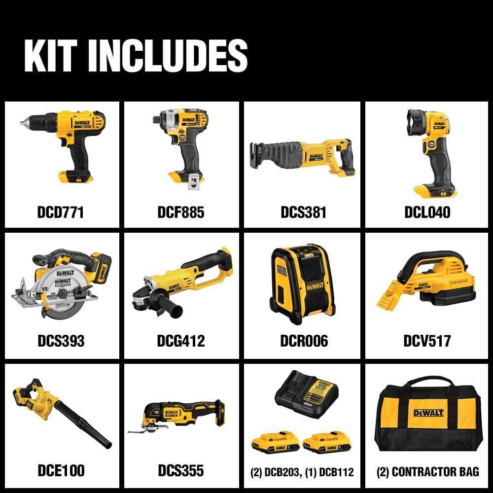 DEWALT 20V MAX 10-Tool Combo Kit with Batteries & Charger - Drill, Impact Driver, Blower, Flashlight, Speaker, Grinder, Saw, Vacuum