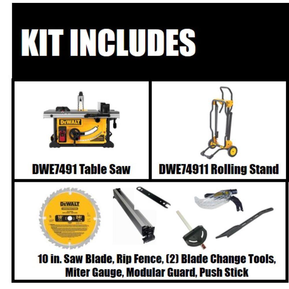 DEWALT DWE7491RS 10" Jobsite Table Saw with Rolling Stand, 15 Amp Motor, 32-1/2" Rip Capacity