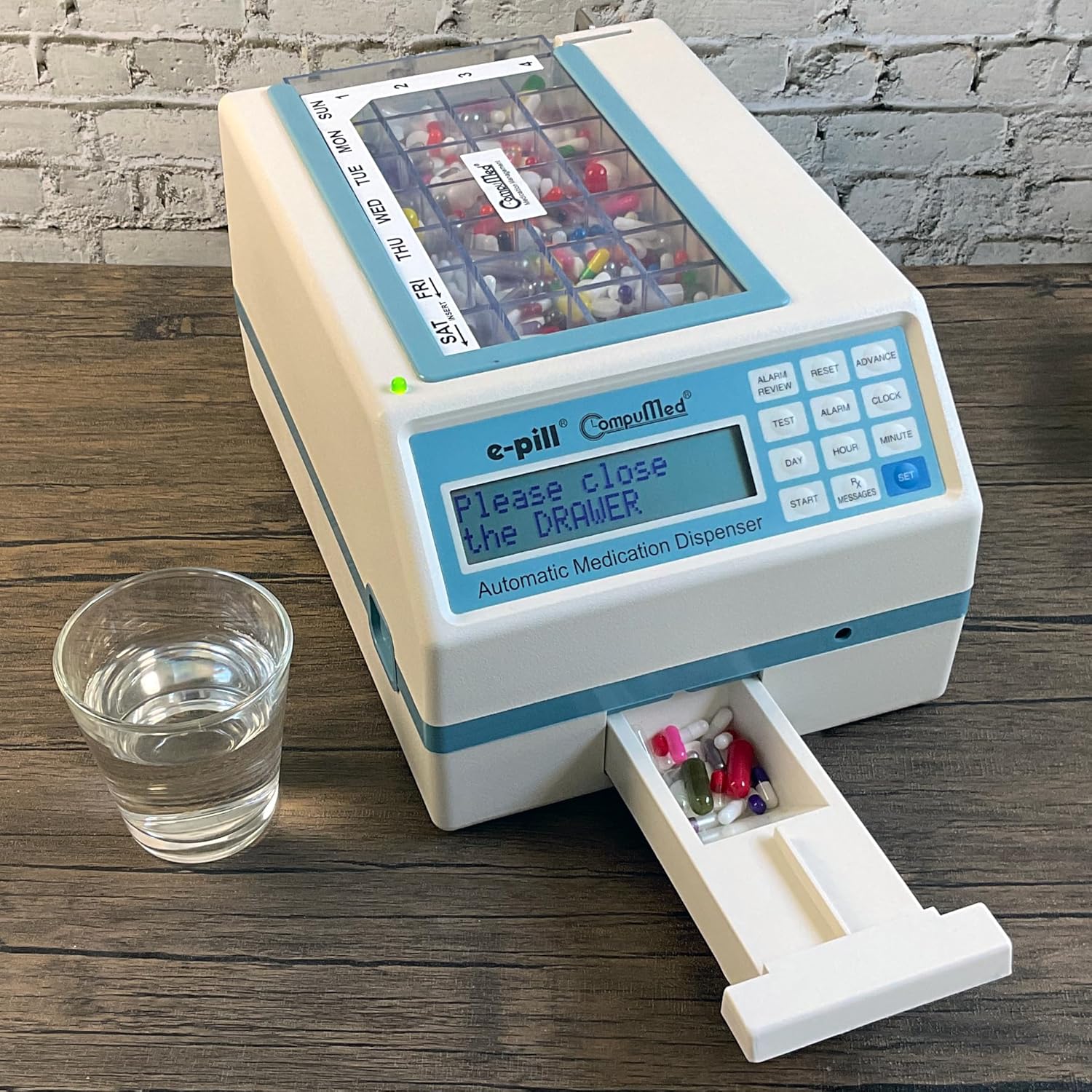 e-Pill CompuMed Automatic Pill Dispenser, Tamper-Resistant, AC Powered, 4 Alarms, Light Blue/White, Plastic