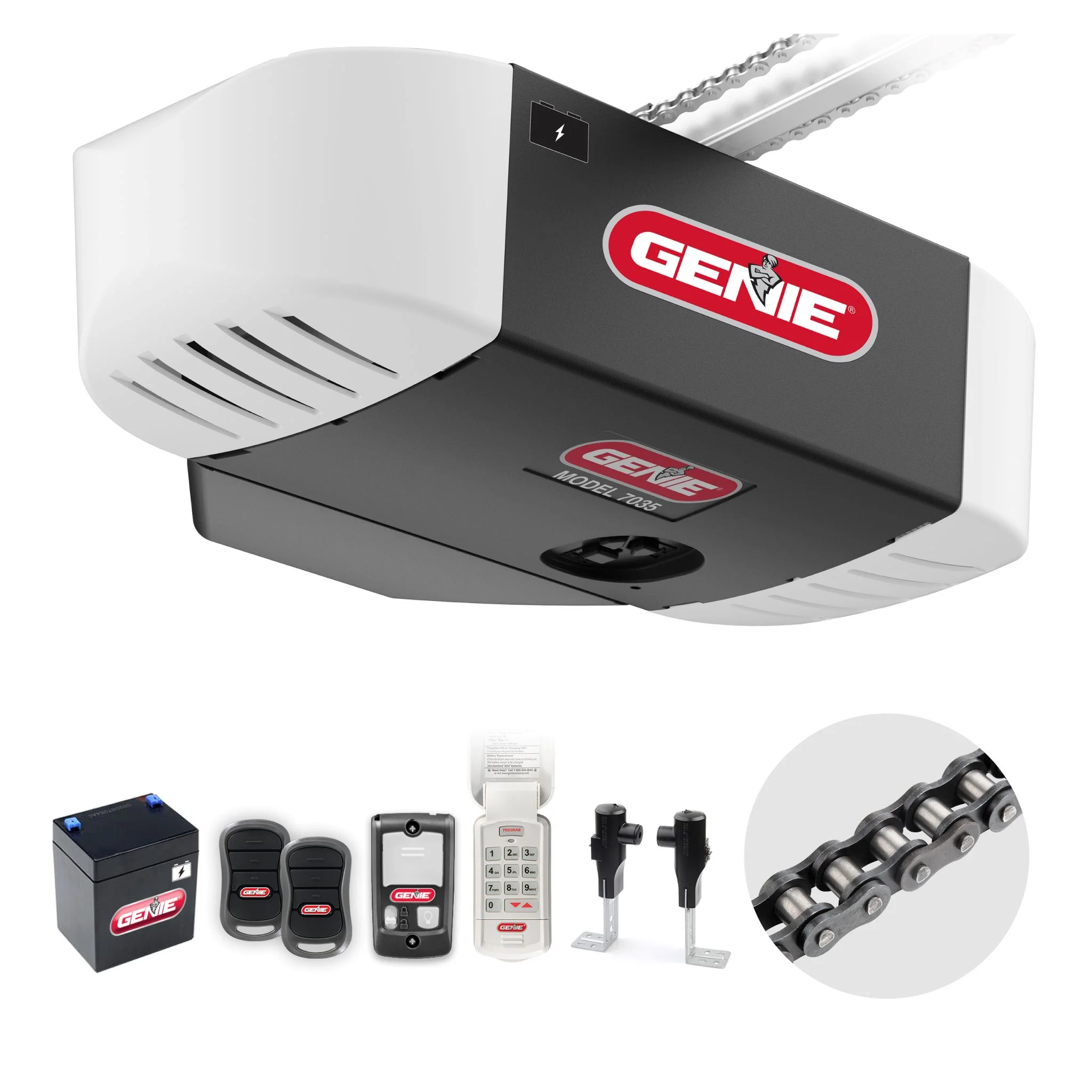 Genie Chain Drive 750 Garage Door Opener 3/4 HPC, Battery Backup, Quiet Operation, Easy Install, Includes Remotes & Keypad