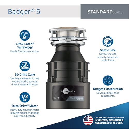 InSinkErator Badger 5 Garbage Disposal, 1/2 HP, Quick Lock, Compact Design, Durable Steel