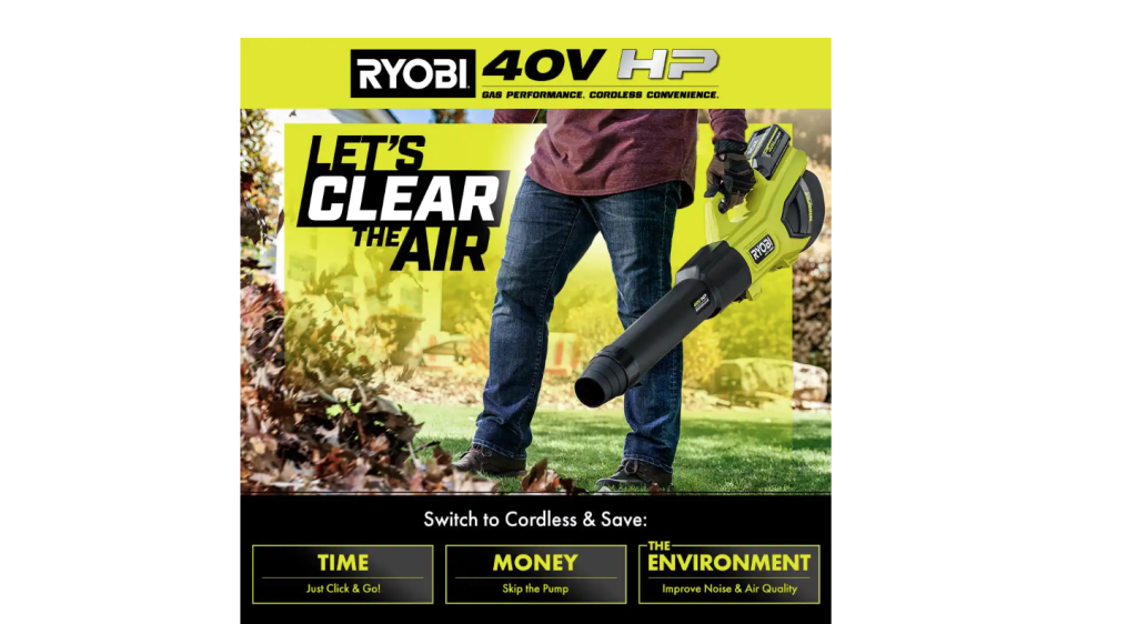 RYOBI 40V HP Brushless Cordless Leaf Blower, 730 CFM, 190 MPH, Includes 2x 4.0 Ah Batteries & Charger, 57 dB Quiet