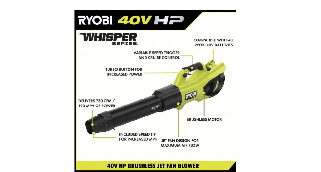 RYOBI 40V HP Brushless Cordless Leaf Blower, 730 CFM, 190 MPH, Includes 2x 4.0 Ah Batteries & Charger, 57 dB Quiet