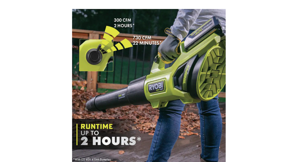 RYOBI 40V HP Brushless Cordless Leaf Blower, 730 CFM, 190 MPH, Includes 2x 4.0 Ah Batteries & Charger, 57 dB Quiet