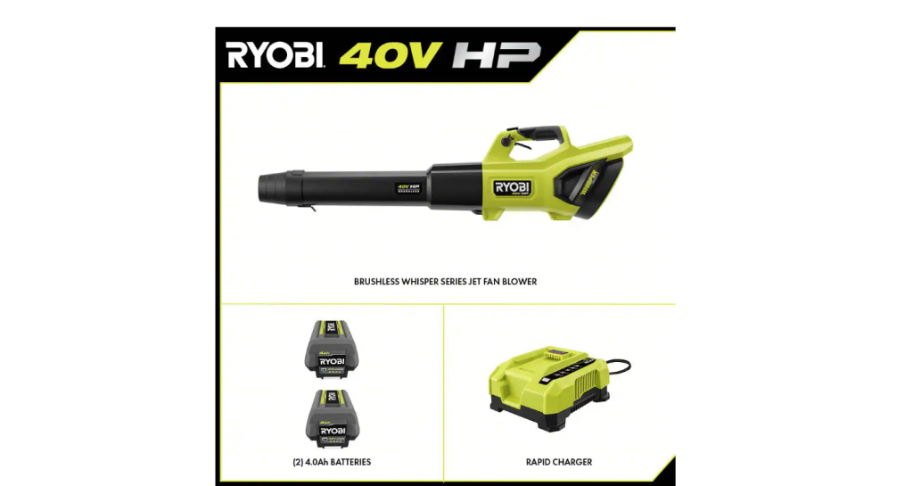 RYOBI 40V HP Brushless Cordless Leaf Blower, 730 CFM, 190 MPH, Includes 2x 4.0 Ah Batteries & Charger, 57 dB Quiet
