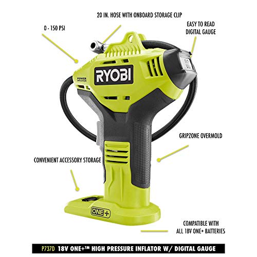 RYOBI ONE+ 18V Cordless Inflator with Digital Gauge and Lithium-Ion Battery