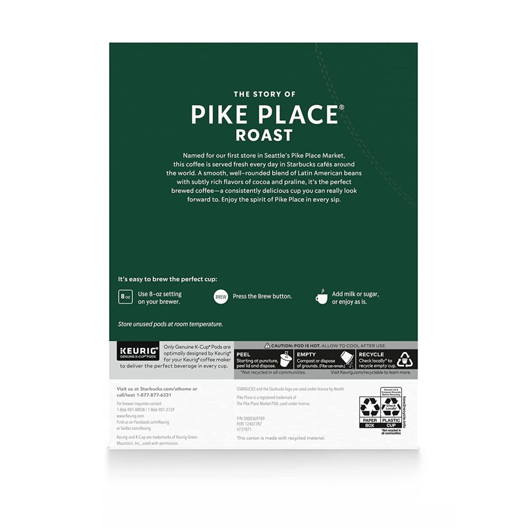 Starbucks Pike Place Roast Medium Coffee K-Cups, 96-Count, 100% Arabica, Keurig Compatible