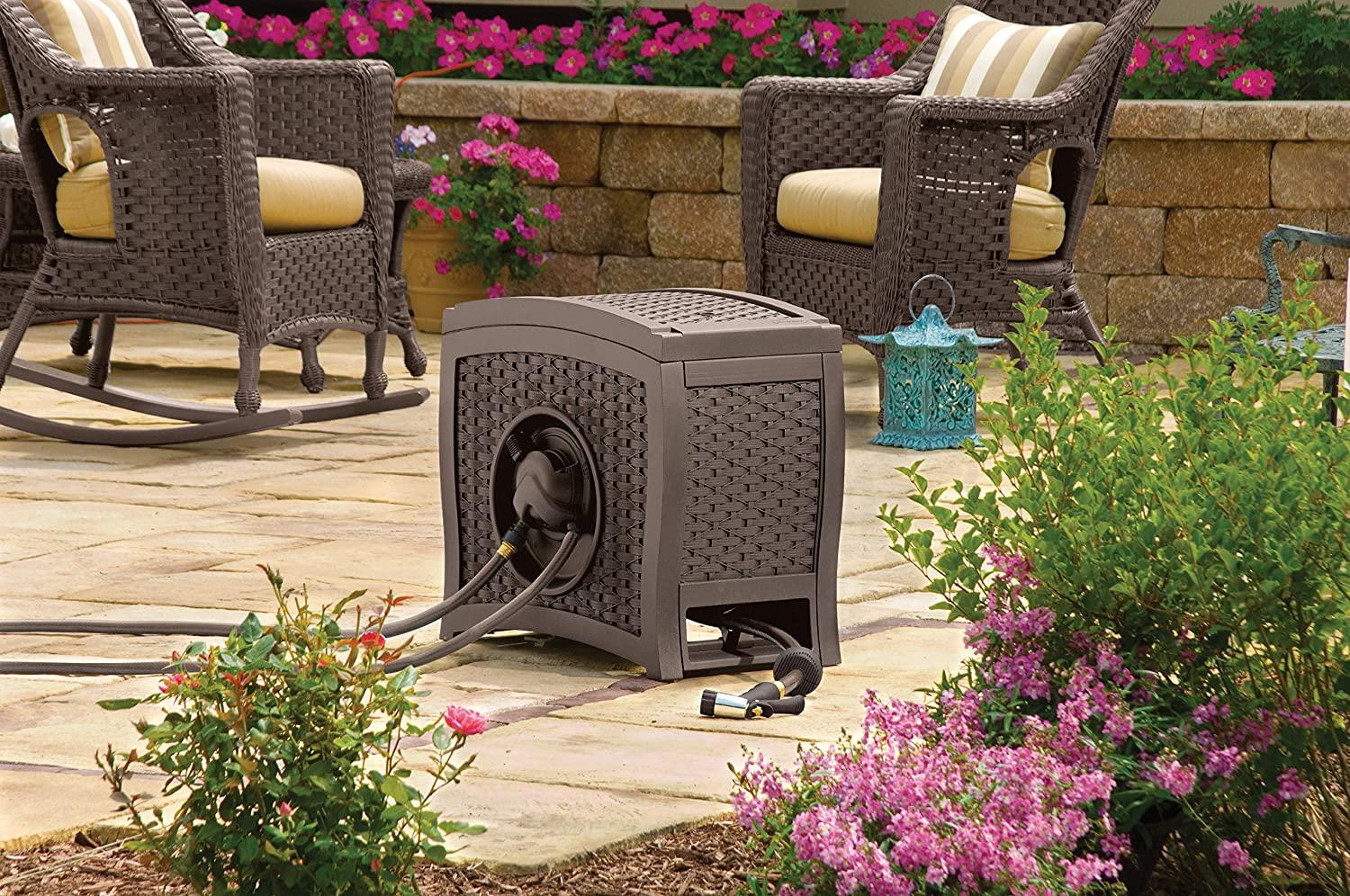 Suncast Aquawinder 125' Wicker Garden Hose Reel - Automatic Water-Powered Retractable, Java